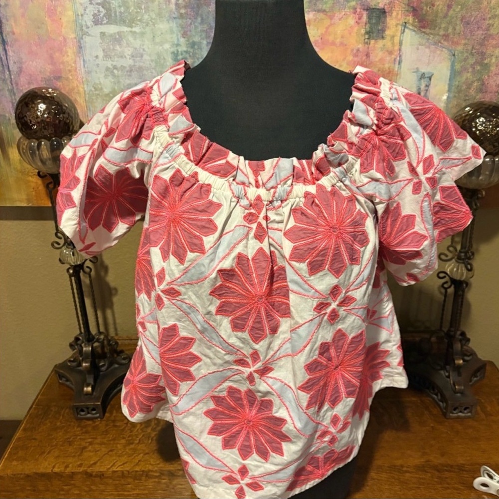 Anthropologie Embroidered White and Pink Ruffled Flutter Sleeve Blouse
